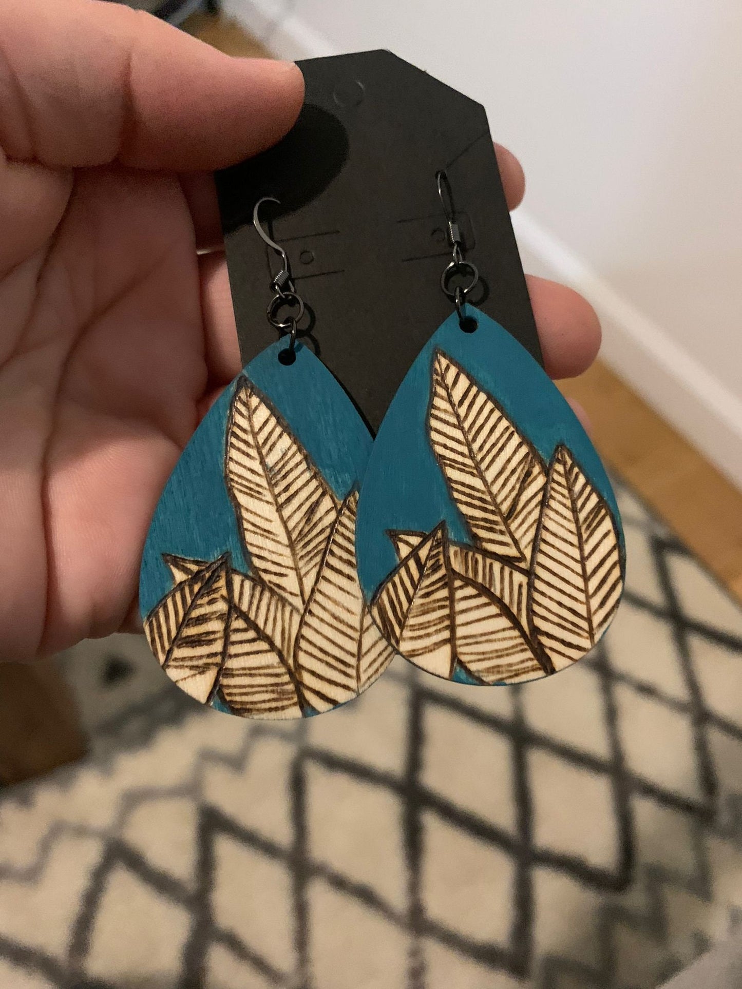 Leaves of inspiraton, Bright blue nature-inspired floral leaf wood burned earrings, handmade wearable art jewelry, gifts for her.
