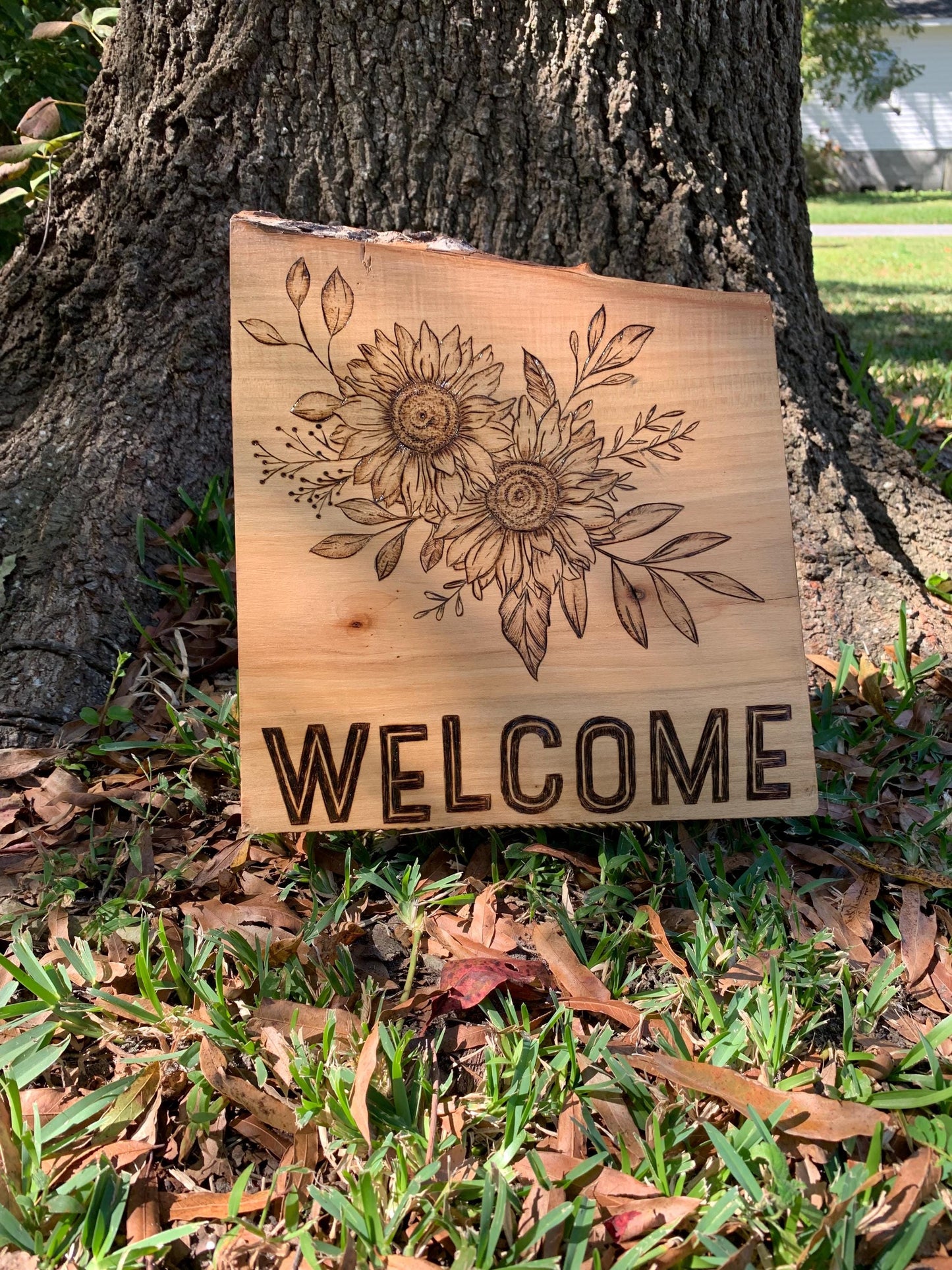 Hand-crafted Pyrography Ambrosia Maple Floral Wooden Welcome Sign