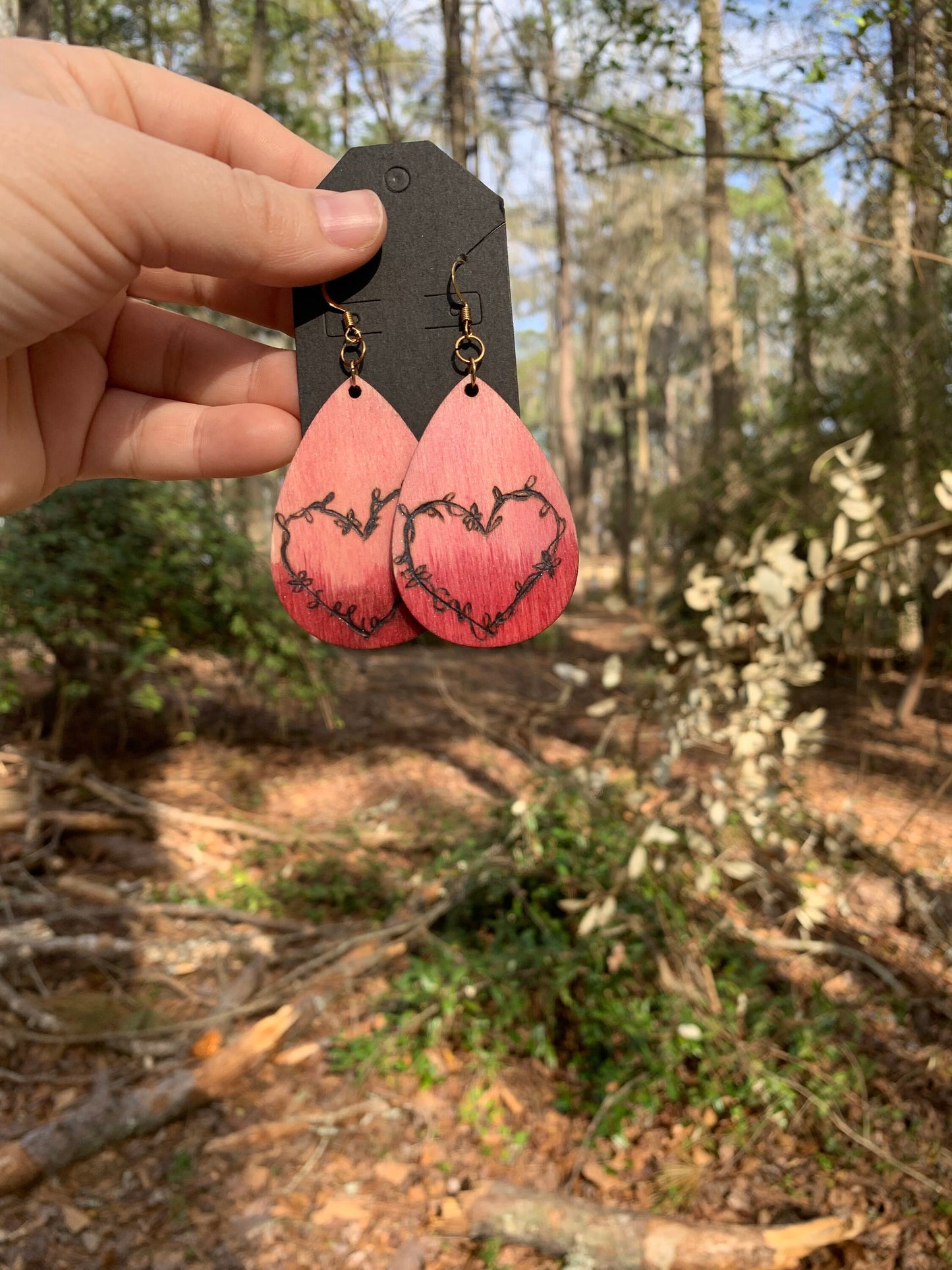 Pink Heart & Vines: Pink Ombre dangle drop statement earrings, hand burned lightweight wooden floral earrings