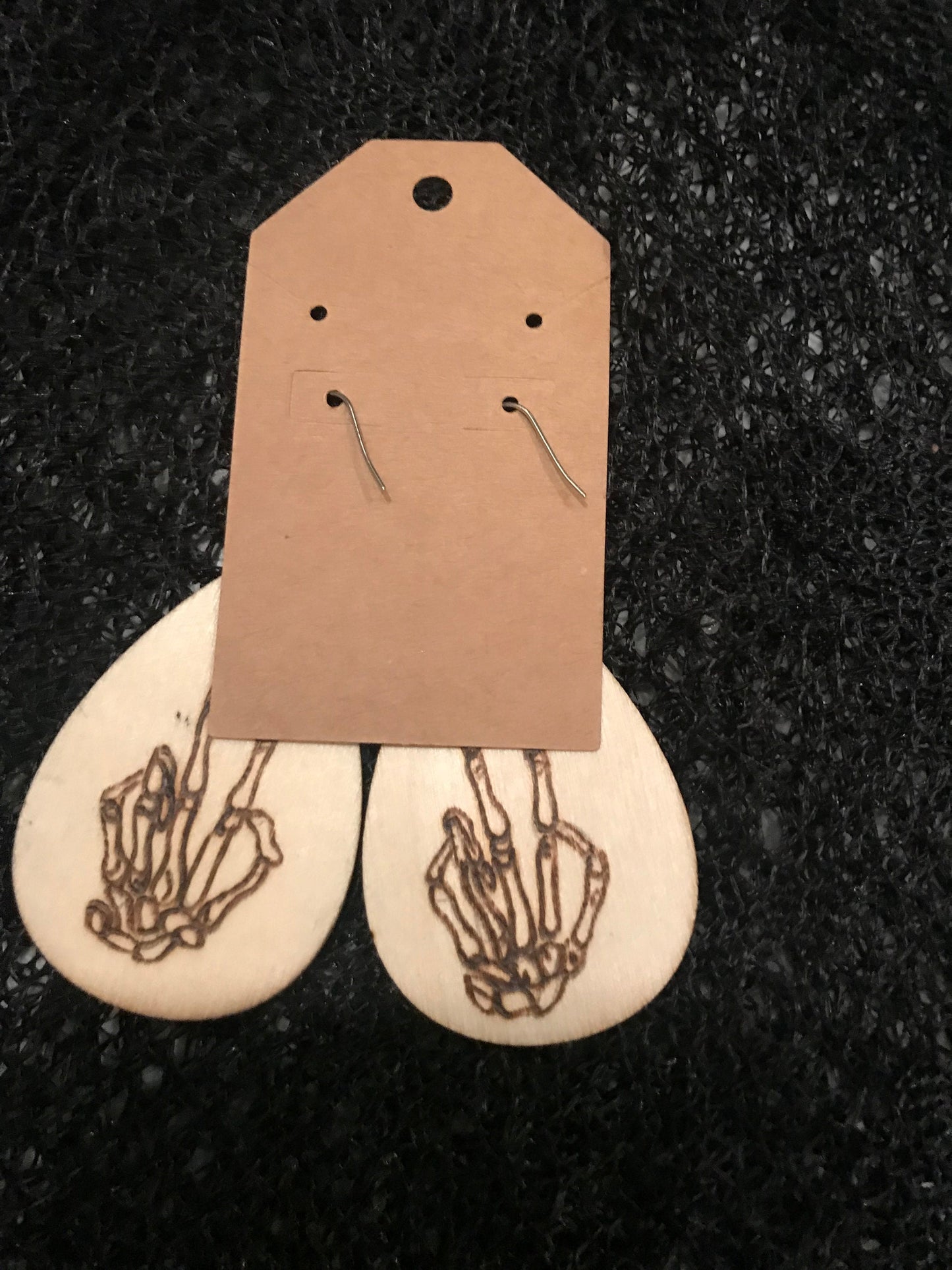 Edgy Elegance: Hand Burned Wooden Pyrography Earrings | Skeleton Hand Peace Sign | Statement Jewelry | Gift for Alternative Fashion Lovers