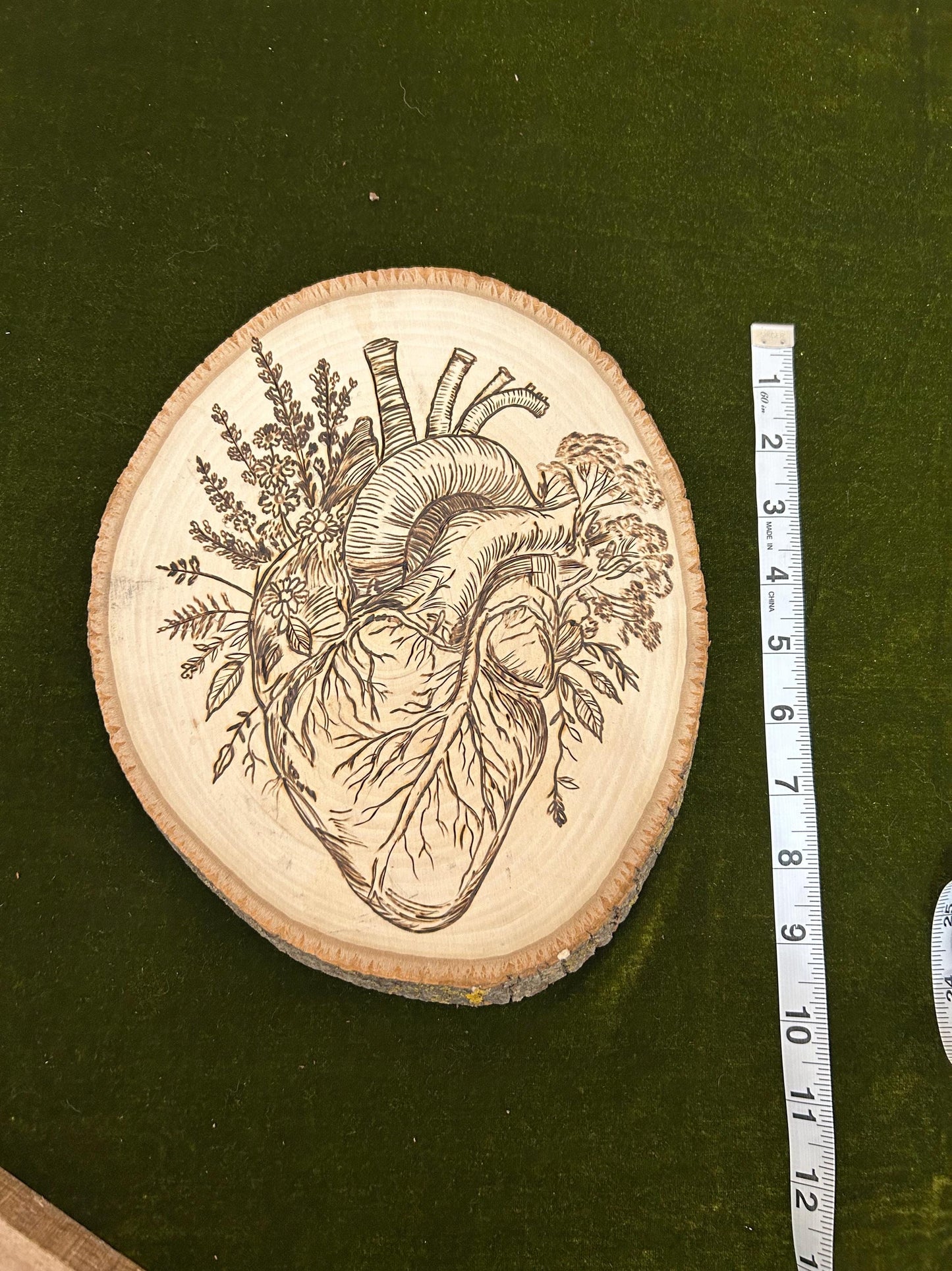 Anatomical Floral Heart Macabre Beautiful Pyrography Art Piece - Fine Wood Art, Unique and curious woodburned art, Interesting Weird Art