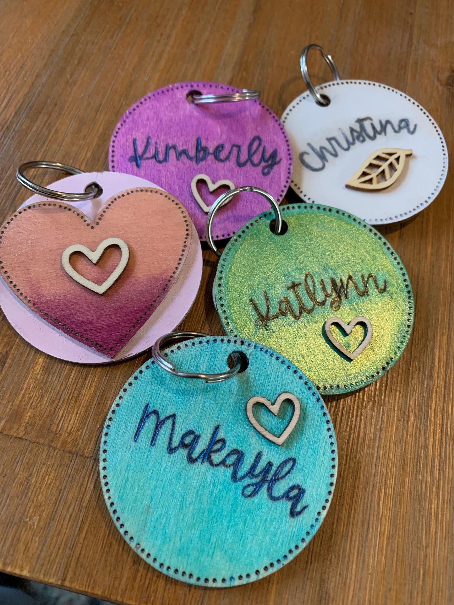 Customizable Hand-made wood burned & painted heart keychains, bridesmaid gifts, gifts for her.