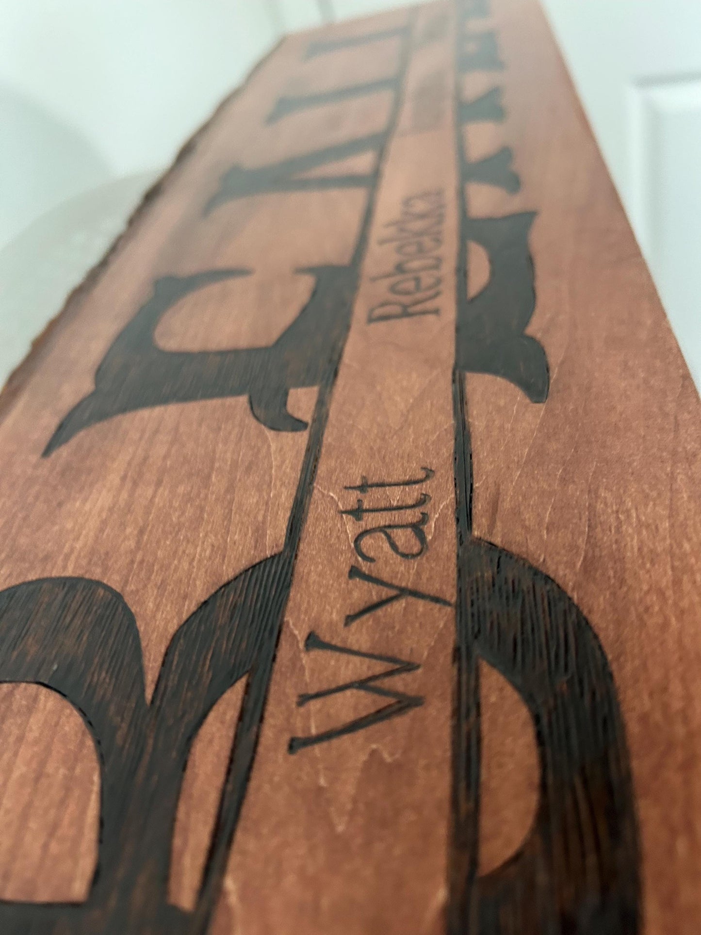 Personalized Wood-Burned Family Name Sign – Handmade Live Edge Basswood – Custom Last Name & Members – Rustic Home Decor