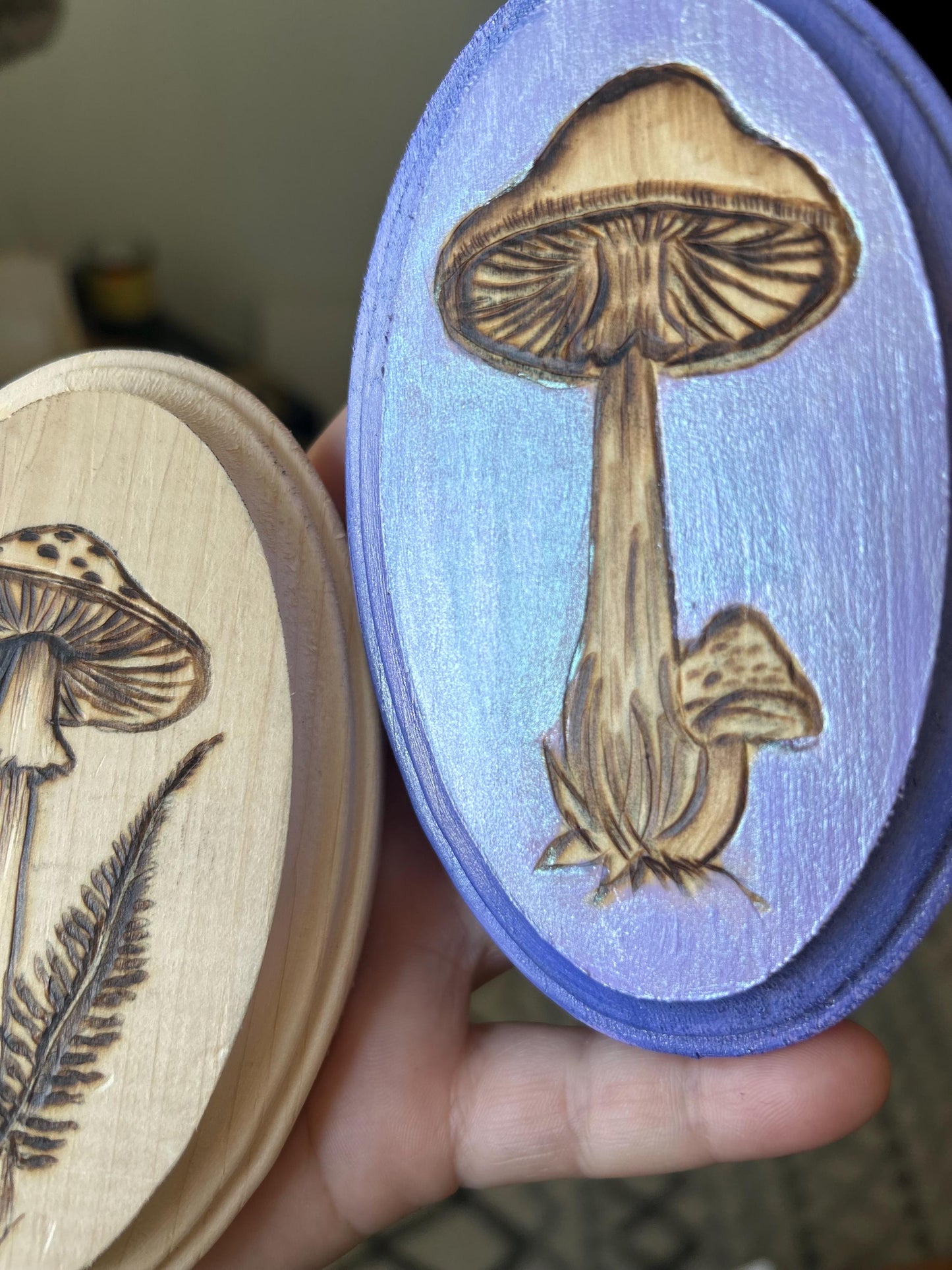 Mini Mushroom Woodburned plaque - set of 2