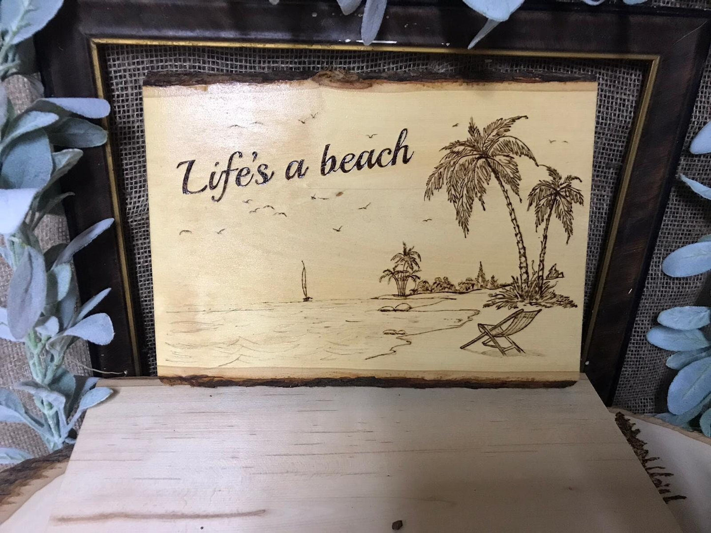 Wood Burn Art, Life's a beach scene, pyrography art