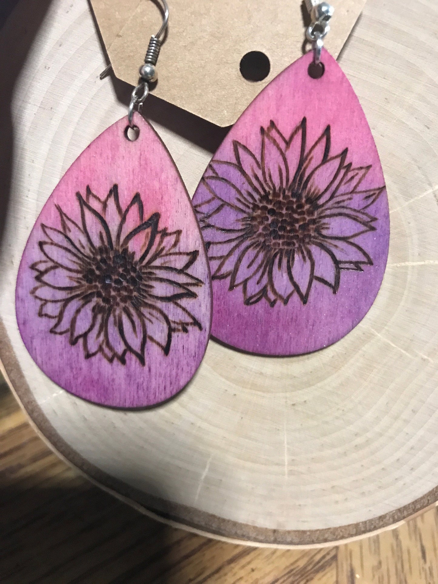 Sunflower Serenade Wood Burned Earrings for Nature Lovers Handcrafted Wooden Pyrography Earrings | Pink Dangle Earrings | Nature-inspired