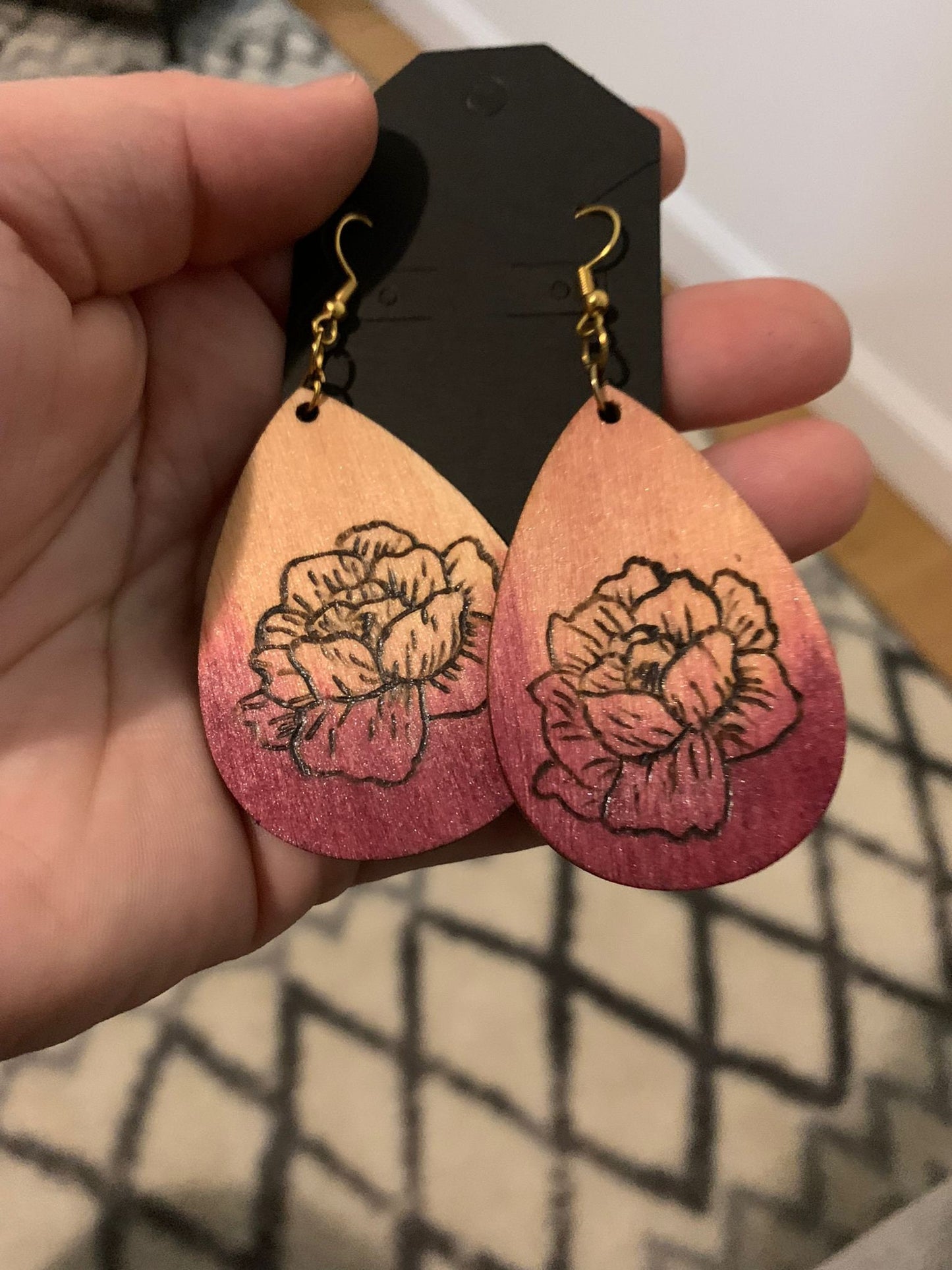 Magnolia Magic: Pink Ombre dangle drop statement earrings, hand burned lightweight wooden floral earrings