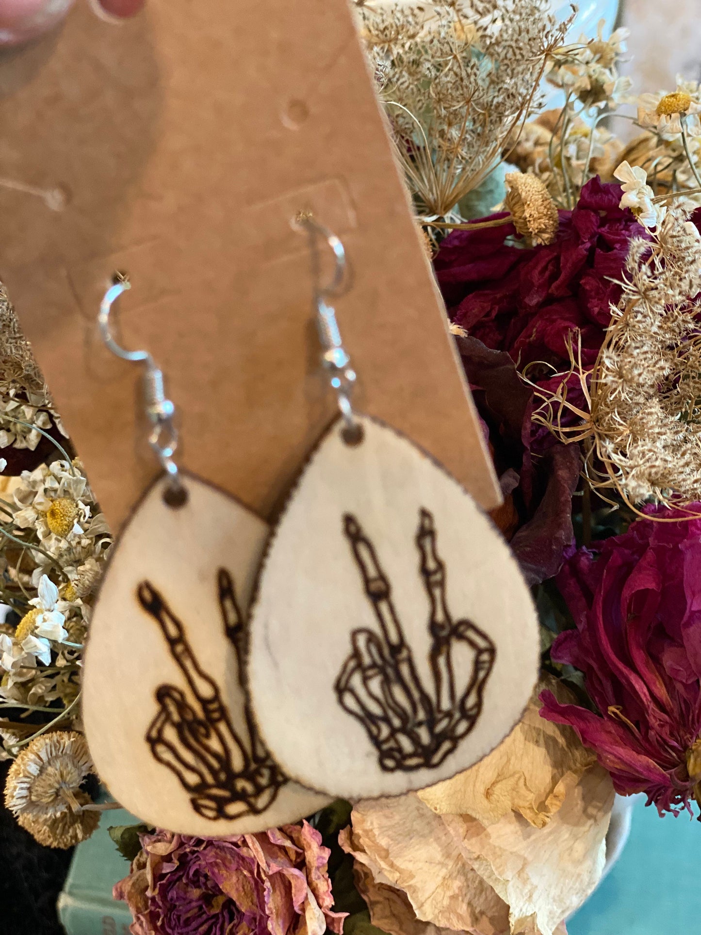 Edgy Elegance: Hand Burned Wooden Pyrography Earrings | Skeleton Hand Peace Sign | Statement Jewelry | Gift for Alternative Fashion Lovers