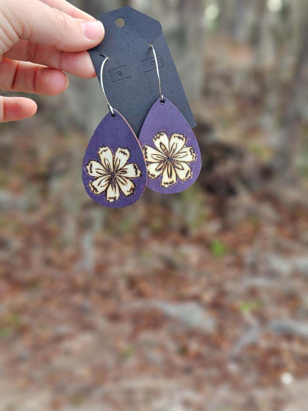 Purple floral, Deep purple nature-inspired flower wood burned earrings, handmade wearable art jewelry, gifts for her.
