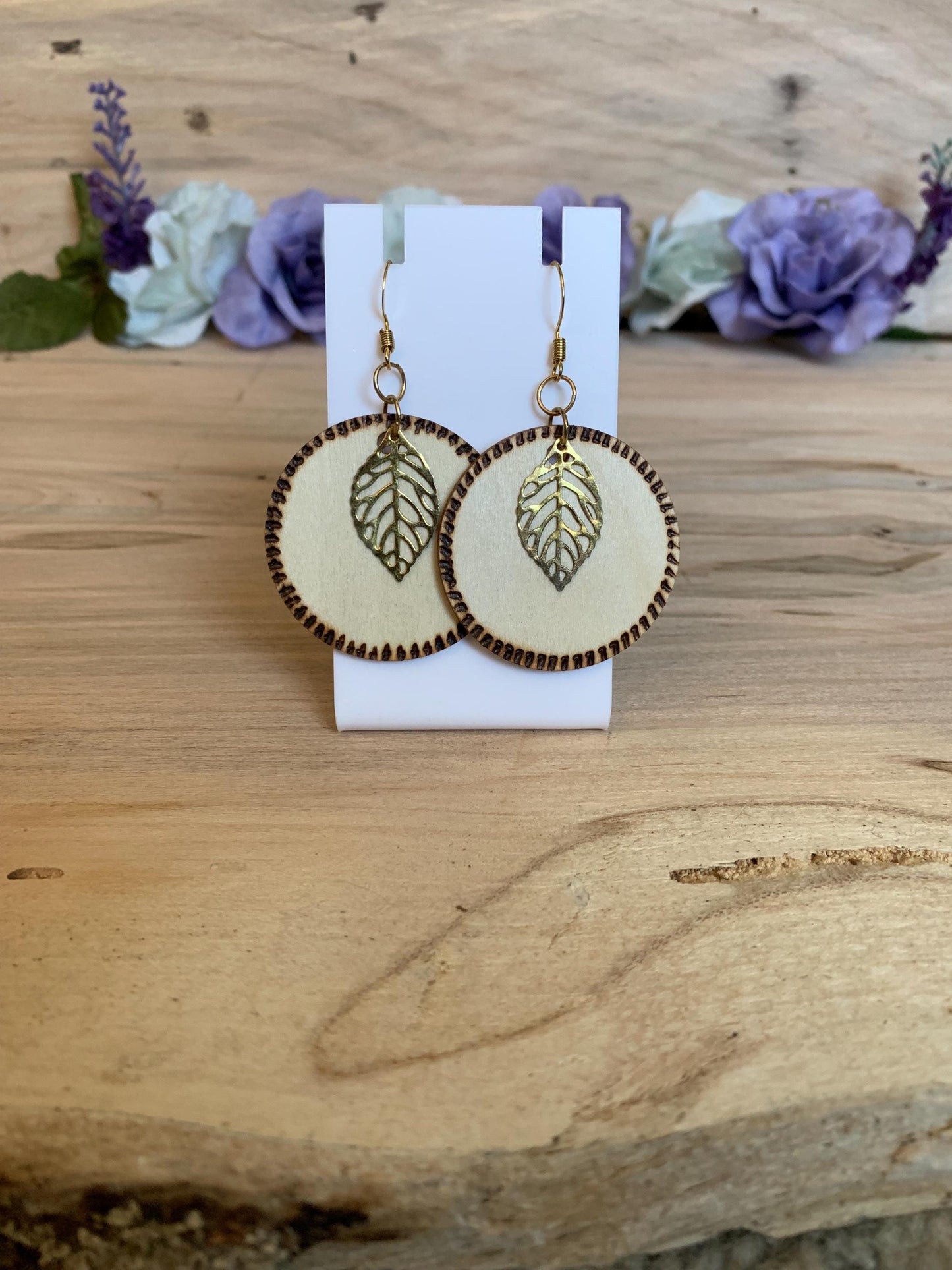 Handcrafted Woodburned Circle Earring Pyrography Dangling Earrings | Nature-inspired Jewelry | Rustic Statement Earrings leaf accent