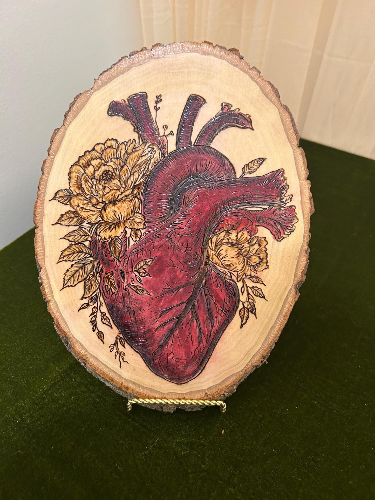 Anatomical Heart Floral Macabre Beautiful Pyrography Art Piece - Unique and curious woodburned art, Red accents, Woodburned wood slice