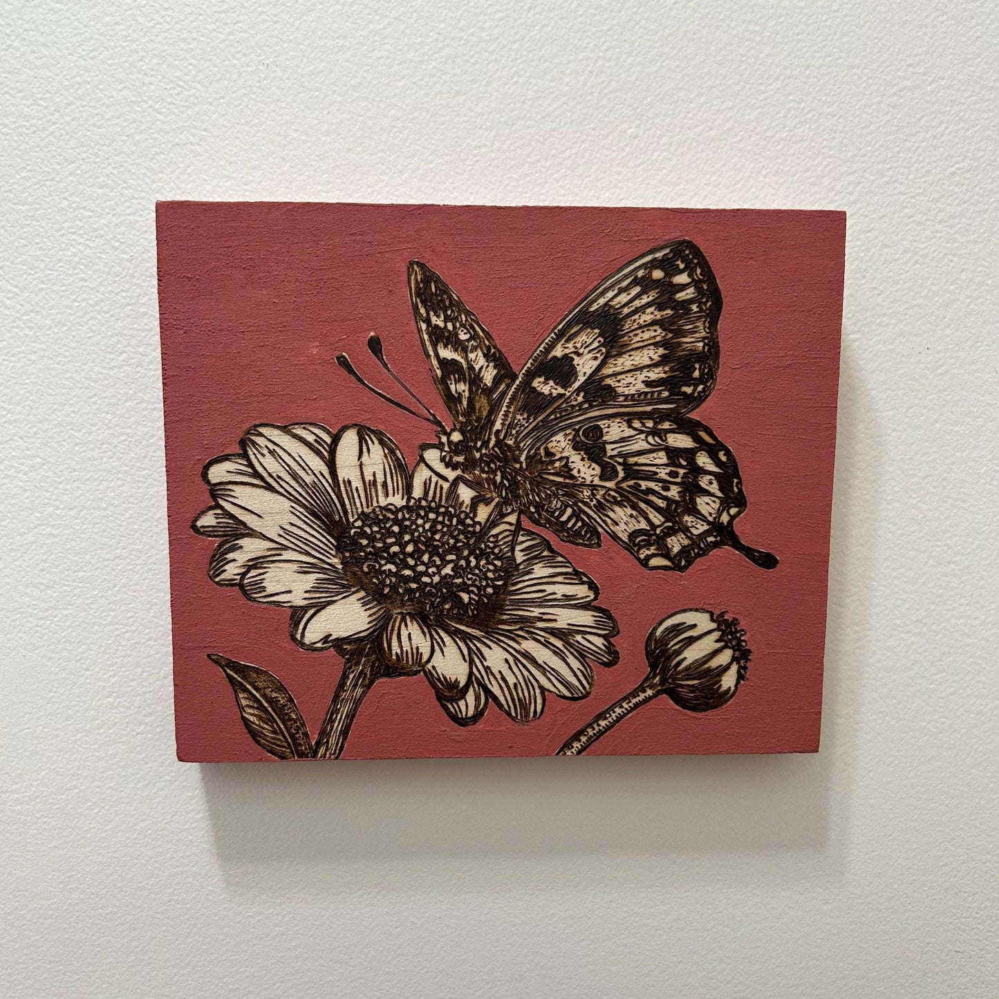 Butterfly and Floral Woodburned Home Decor, Hanging Wall Sign, Butterfly Flower Home Decor, Pink, Gifts for mom, terracotta. gifts for mom