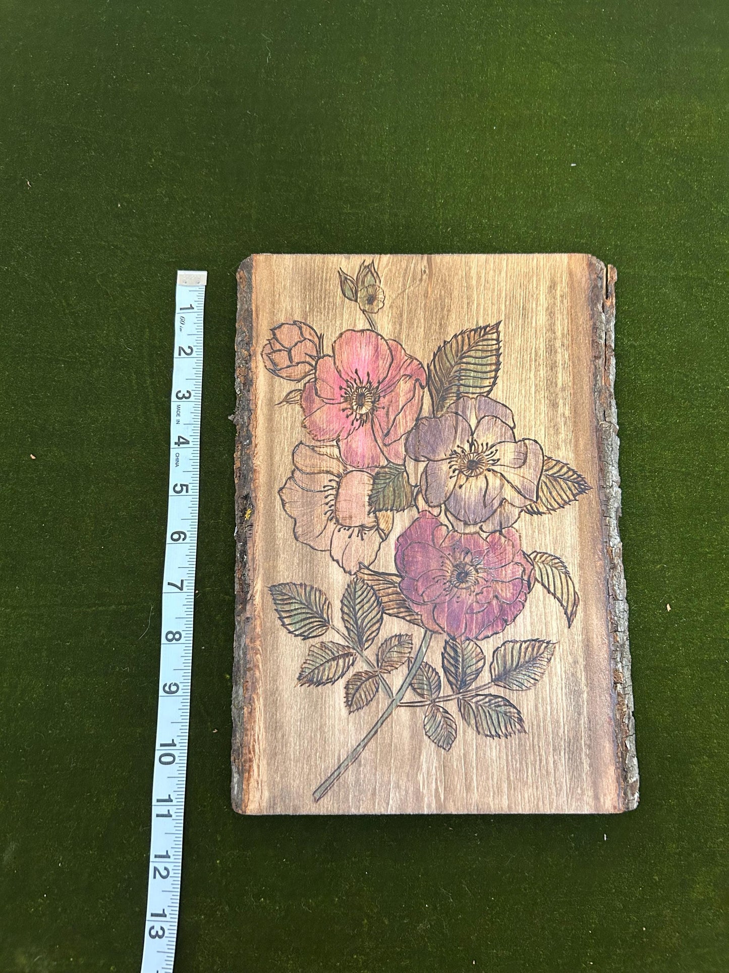 Handmade Pyrography Floral Wall Hanging - Wood Burning Art