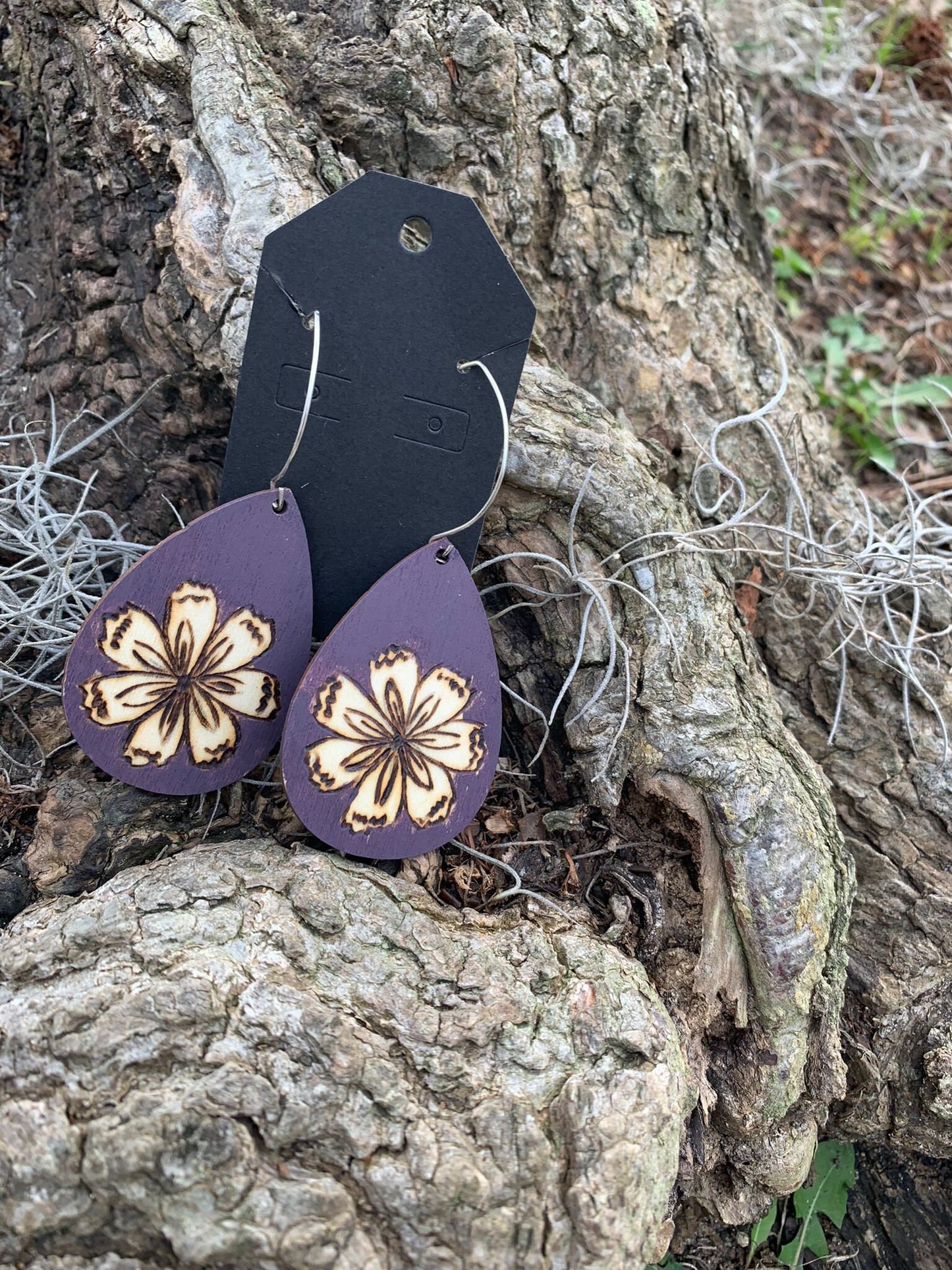 Purple floral, Deep purple nature-inspired flower wood burned earrings, handmade wearable art jewelry, gifts for her.