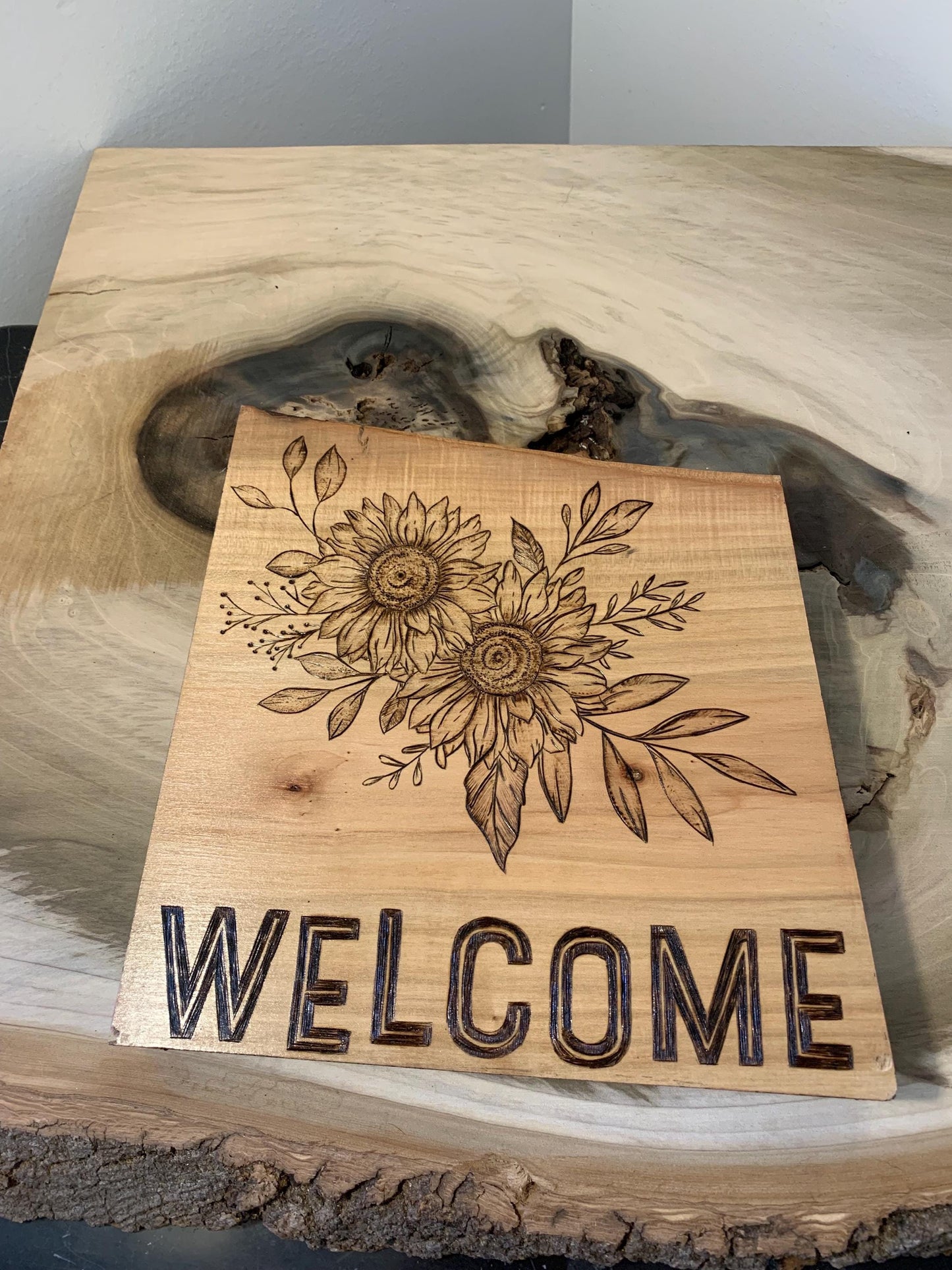 Hand-crafted Pyrography Ambrosia Maple Floral Wooden Welcome Sign