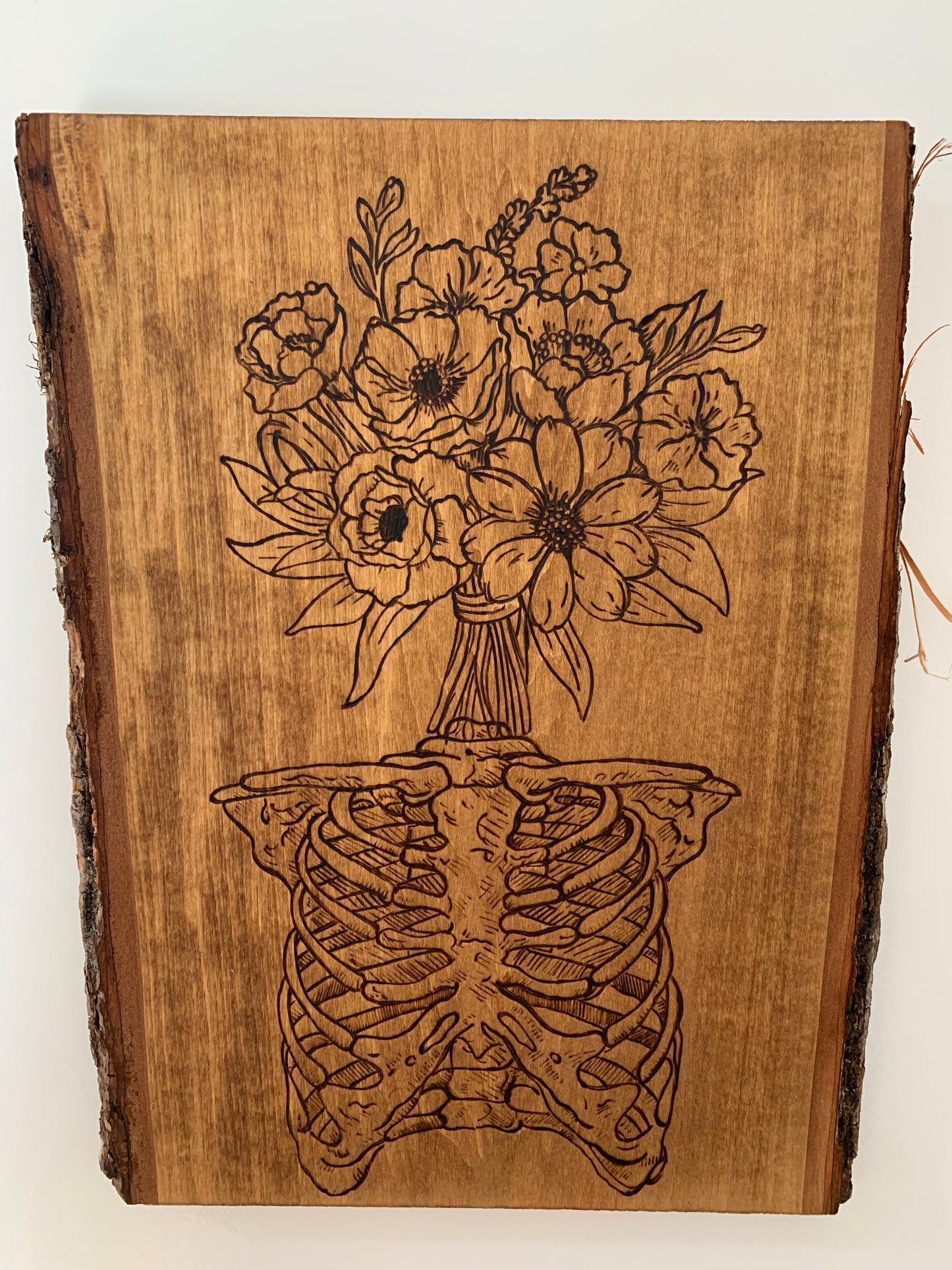 Skeleton Ribcage floral head woodburning art