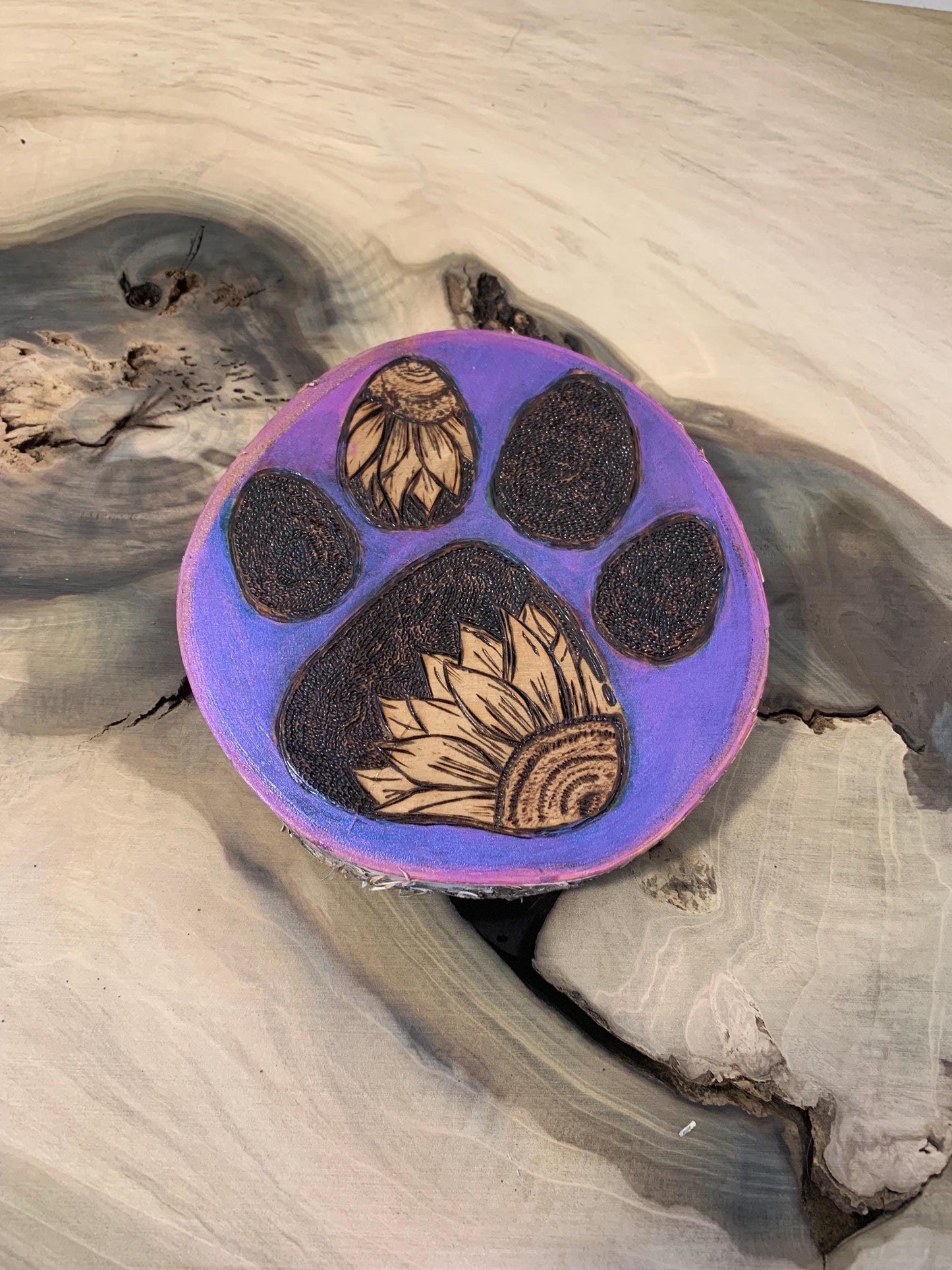 Purple Hand-crafted Pyrography Flower Dog Paw wall hanging