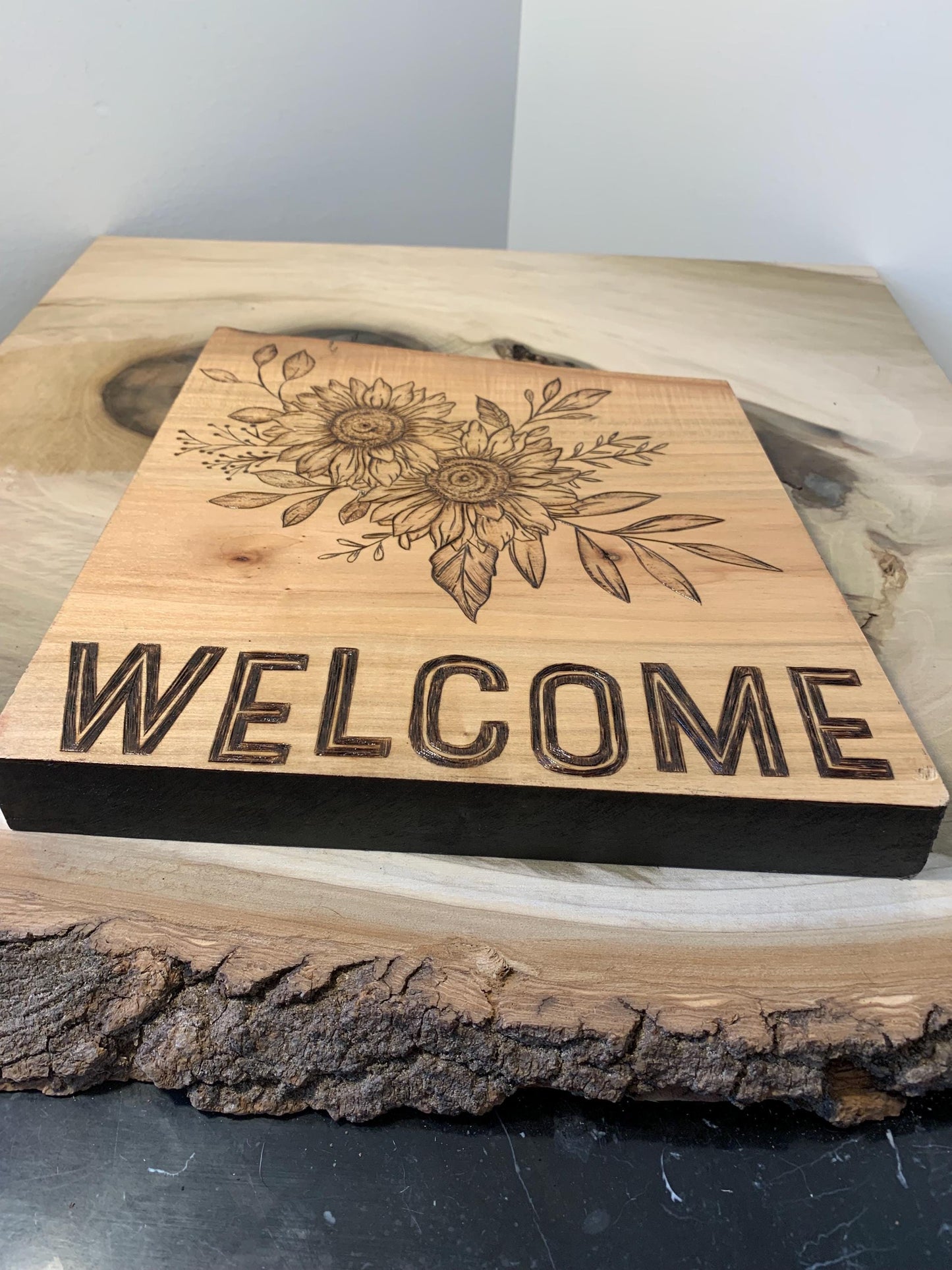 Hand-crafted Pyrography Ambrosia Maple Floral Wooden Welcome Sign
