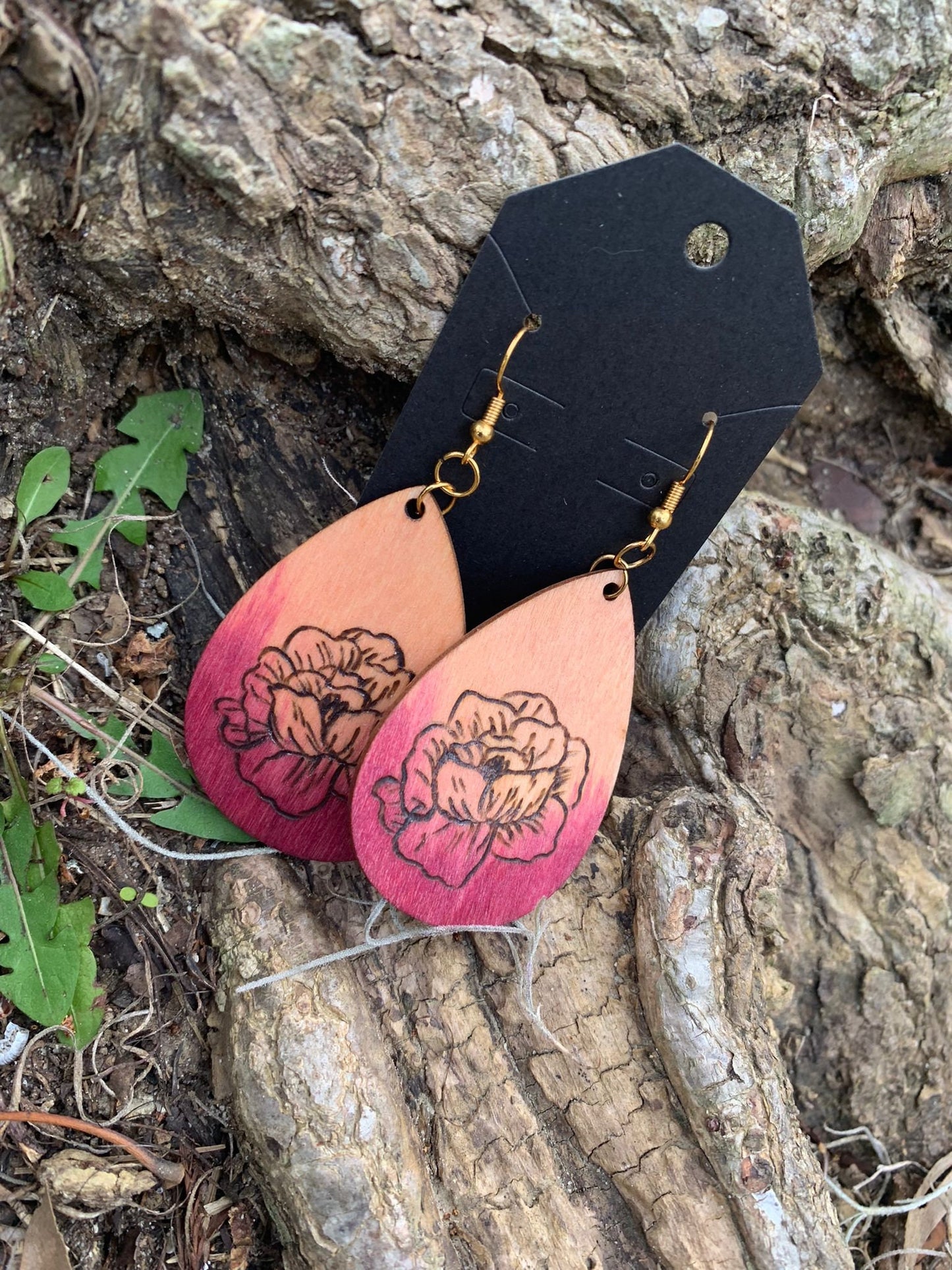 Magnolia Magic: Pink Ombre dangle drop statement earrings, hand burned lightweight wooden floral earrings