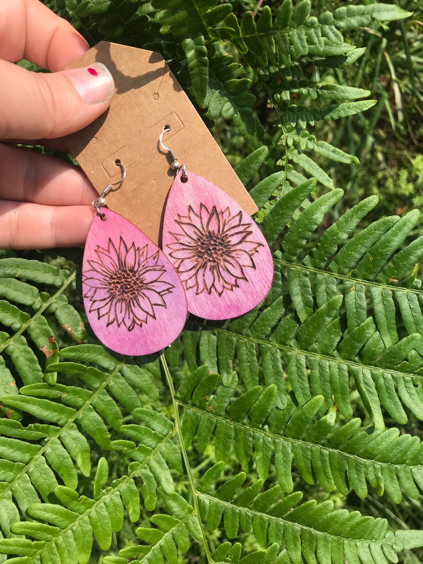 Sunflower Serenade Wood Burned Earrings for Nature Lovers Handcrafted Wooden Pyrography Earrings | Pink Dangle Earrings | Nature-inspired