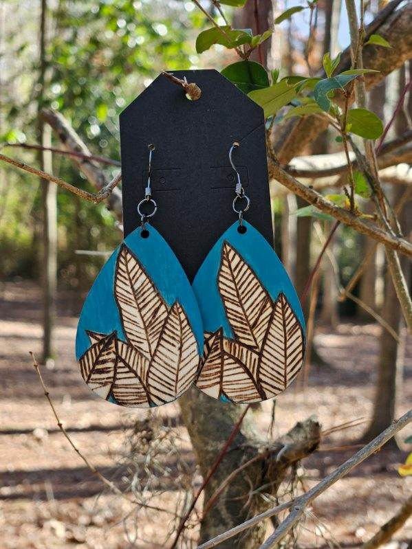 Leaves of inspiraton, Bright blue nature-inspired floral leaf wood burned earrings, handmade wearable art jewelry, gifts for her.