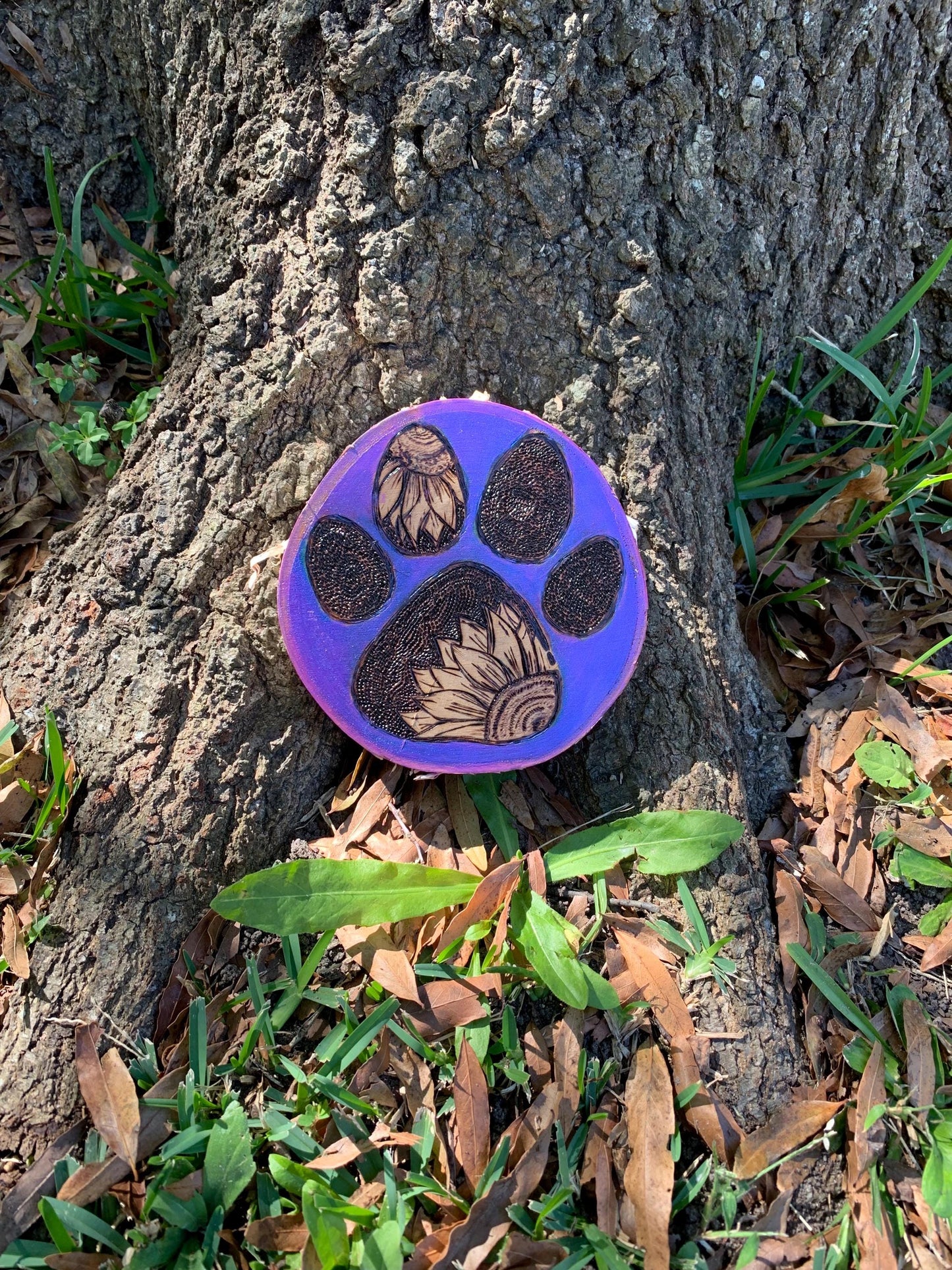 Purple Hand-crafted Pyrography Flower Dog Paw wall hanging