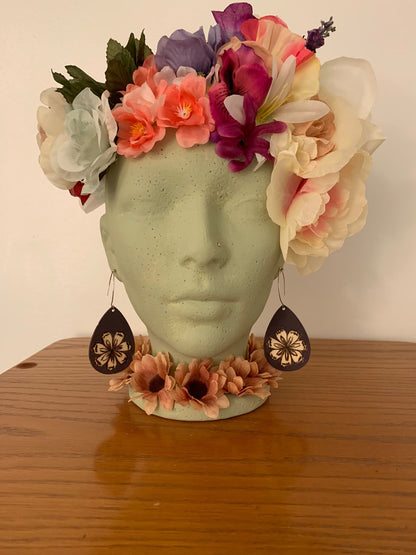 Purple floral, Deep purple nature-inspired flower wood burned earrings, handmade wearable art jewelry, gifts for her.