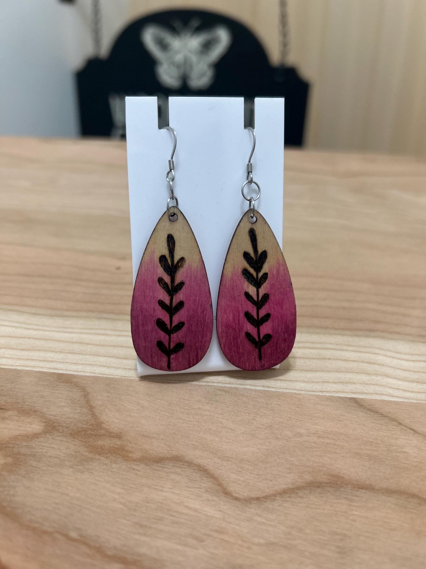 Wood Burned Pendant Dangle Drop Earrings - Unique Jewelry Earrings for Her - Leaf Pendant Design - Wood Jewelry - wearable art