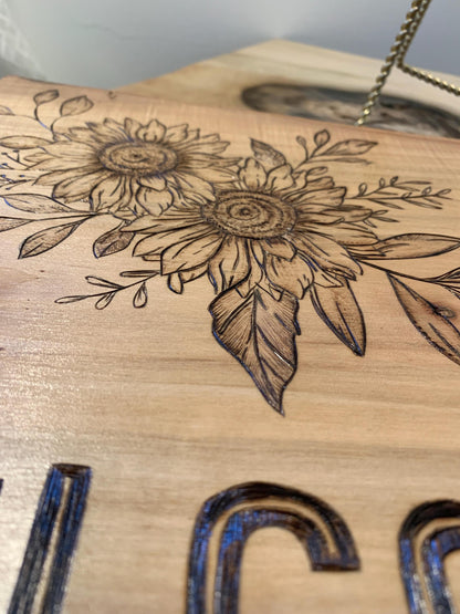 Hand-crafted Pyrography Ambrosia Maple Floral Wooden Welcome Sign