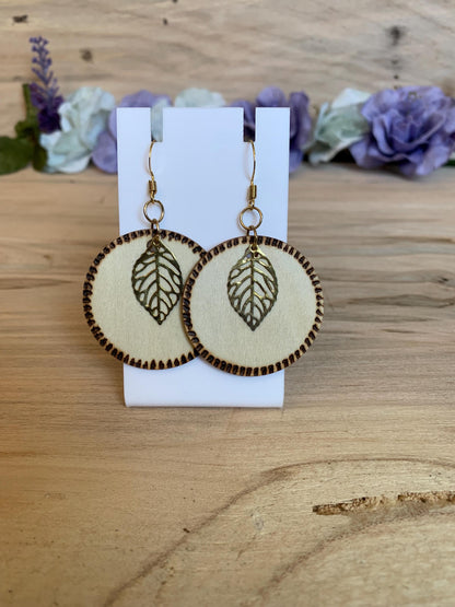 Handcrafted Woodburned Circle Earring Pyrography Dangling Earrings | Nature-inspired Jewelry | Rustic Statement Earrings leaf accent