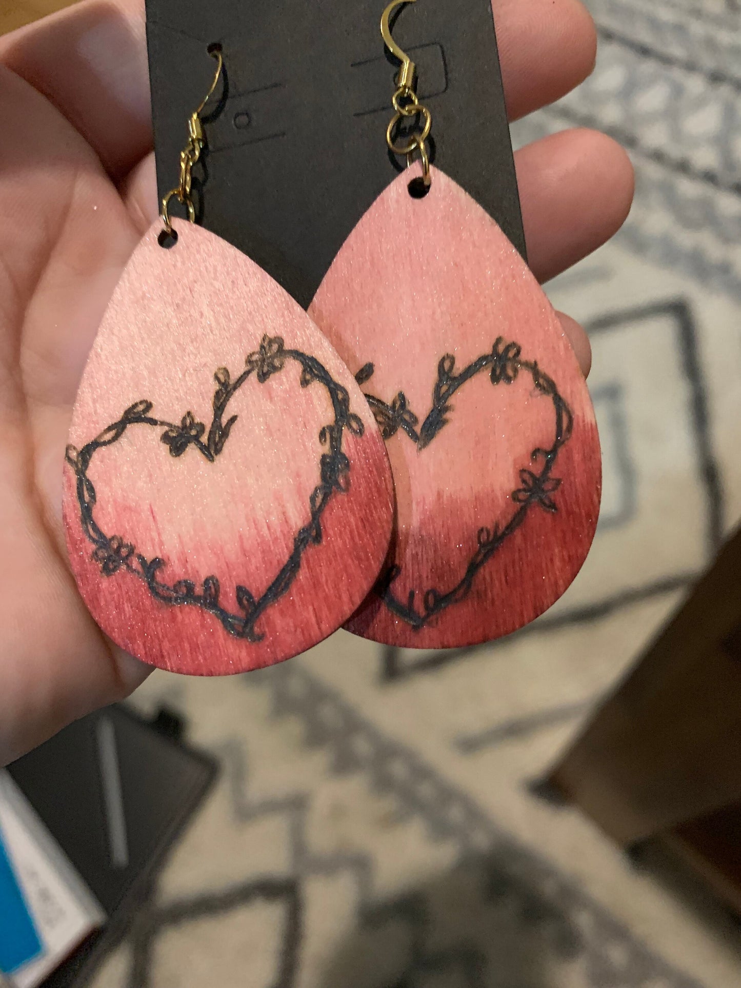 Pink Heart & Vines: Pink Ombre dangle drop statement earrings, hand burned lightweight wooden floral earrings