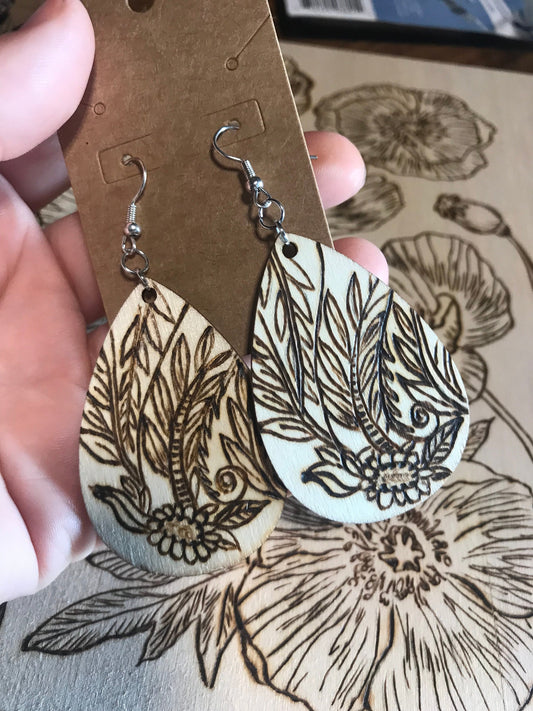 Intricate leaf earrings: Wood Burned Dangle Earrings  | Nature-Inspired Jewelry l unique wearable art