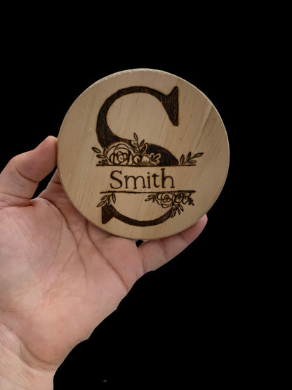 Customizable Family Monogram, Family Name Pine Coaster Set - Gifts for the couple - wedding gift