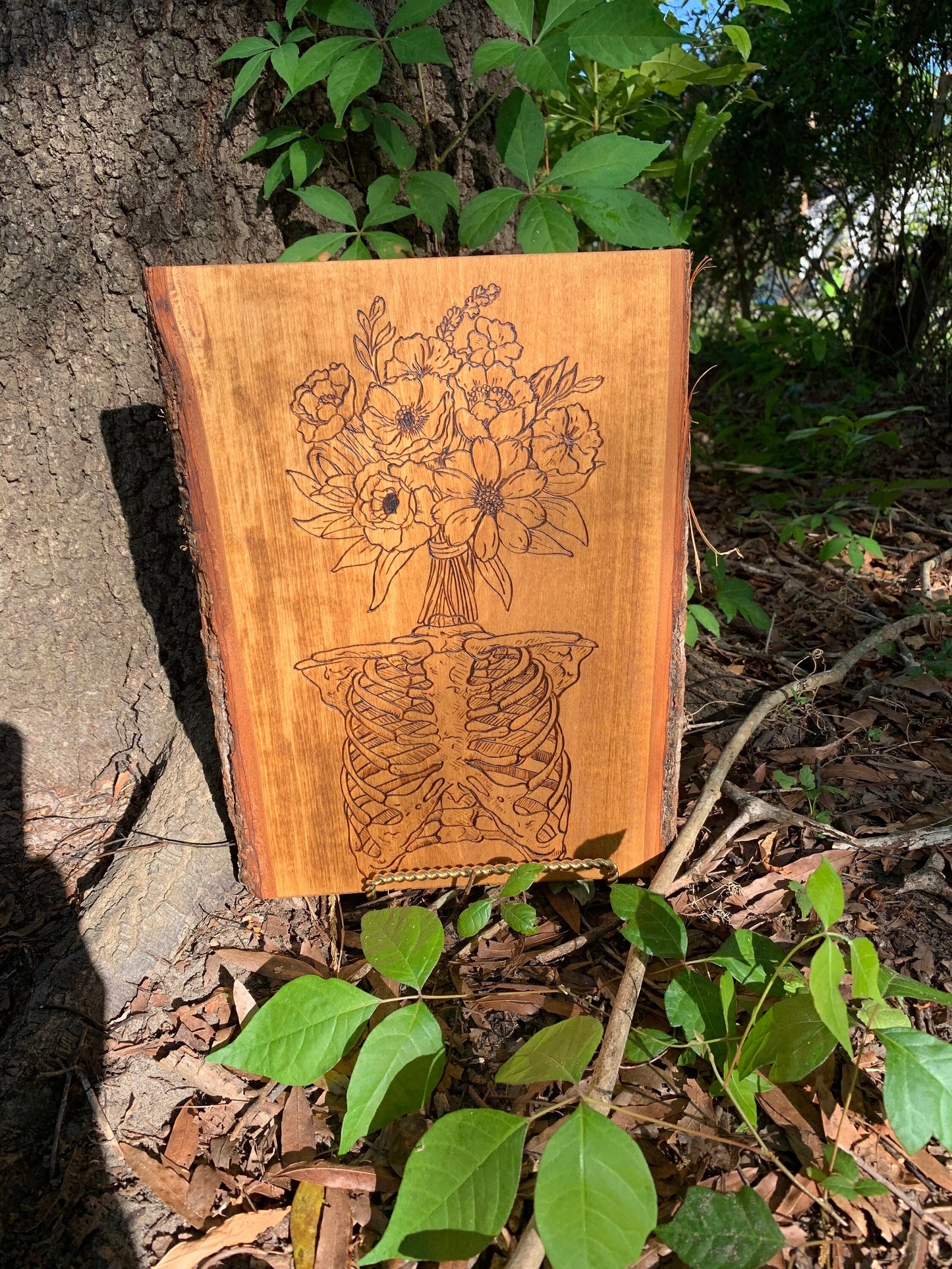 Skeleton Ribcage floral head woodburning art