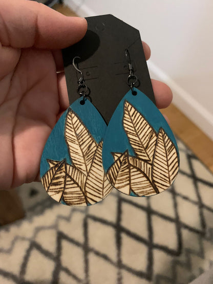 Leaves of inspiraton, Bright blue nature-inspired floral leaf wood burned earrings, handmade wearable art jewelry, gifts for her.
