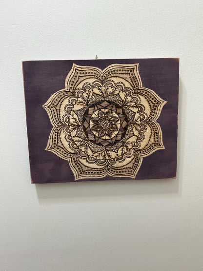 Woodburned Mandala Pyrography Wood Fine Art, intricate hand-drawn mandala, purple distressed, home decor, gifts for her, spiritual, mystical