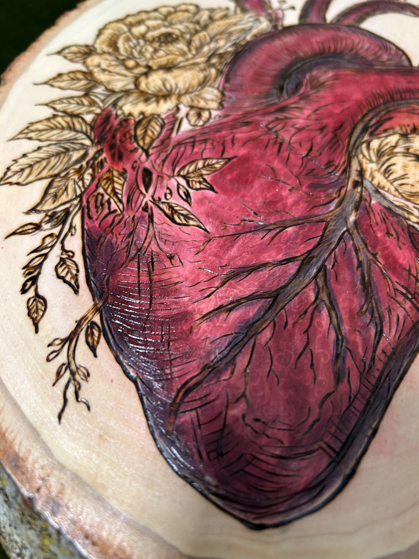 Anatomical Heart Floral Macabre Beautiful Pyrography Art Piece - Unique and curious woodburned art, Red accents, Woodburned wood slice