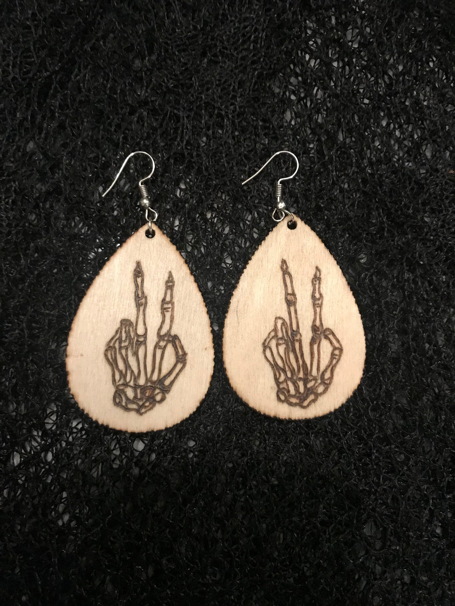 Edgy Elegance: Hand Burned Wooden Pyrography Earrings | Skeleton Hand Peace Sign | Statement Jewelry | Gift for Alternative Fashion Lovers
