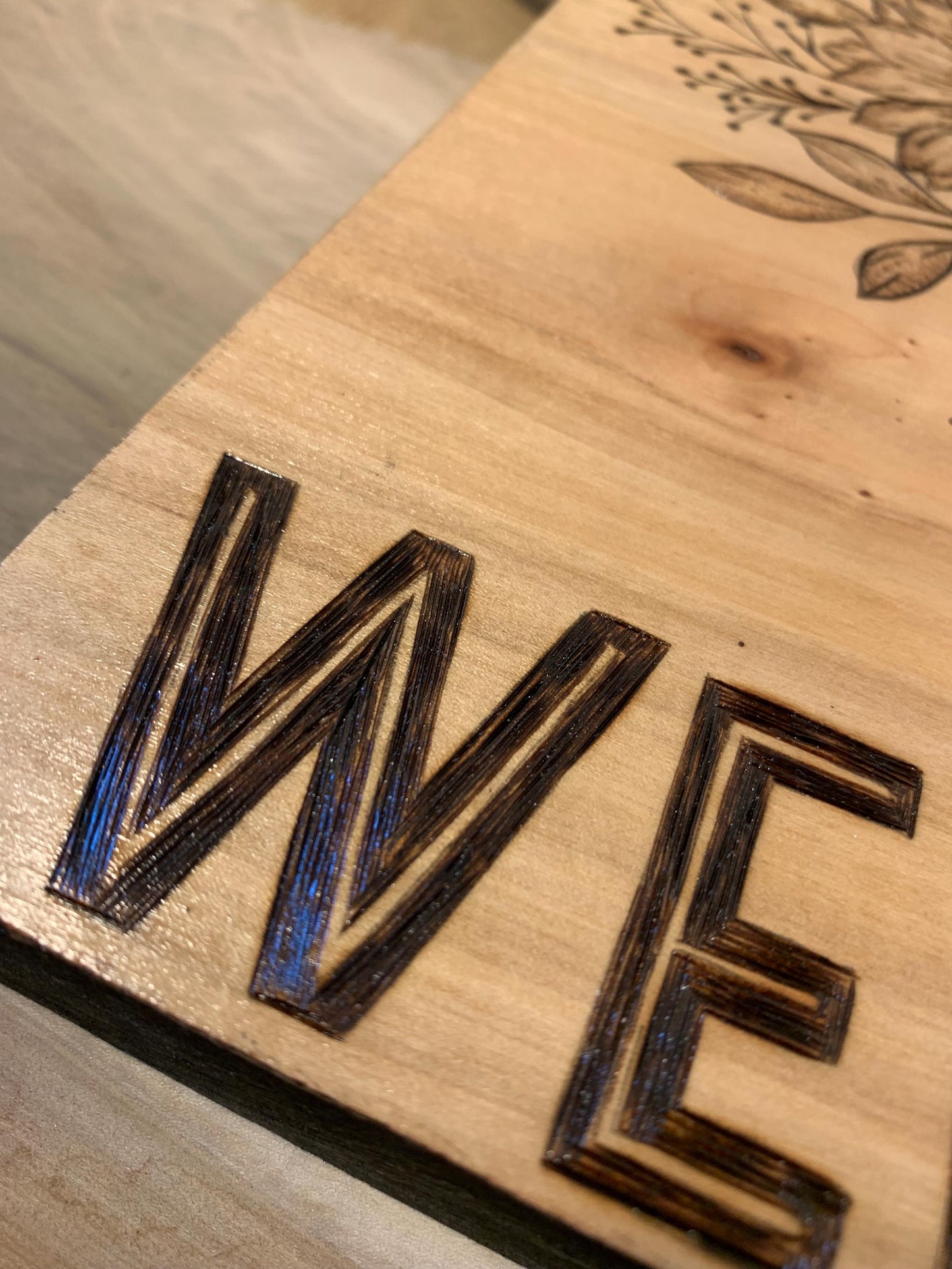 Hand-crafted Pyrography Ambrosia Maple Floral Wooden Welcome Sign