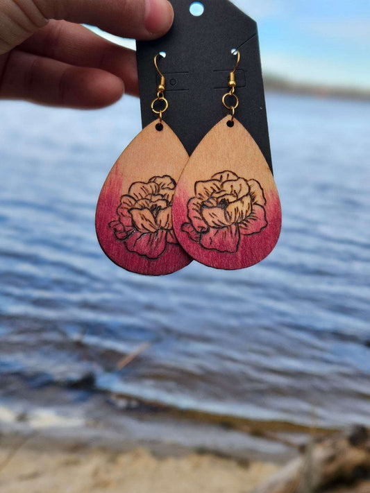 Magnolia Magic: Pink Ombre dangle drop statement earrings, hand burned lightweight wooden floral earrings