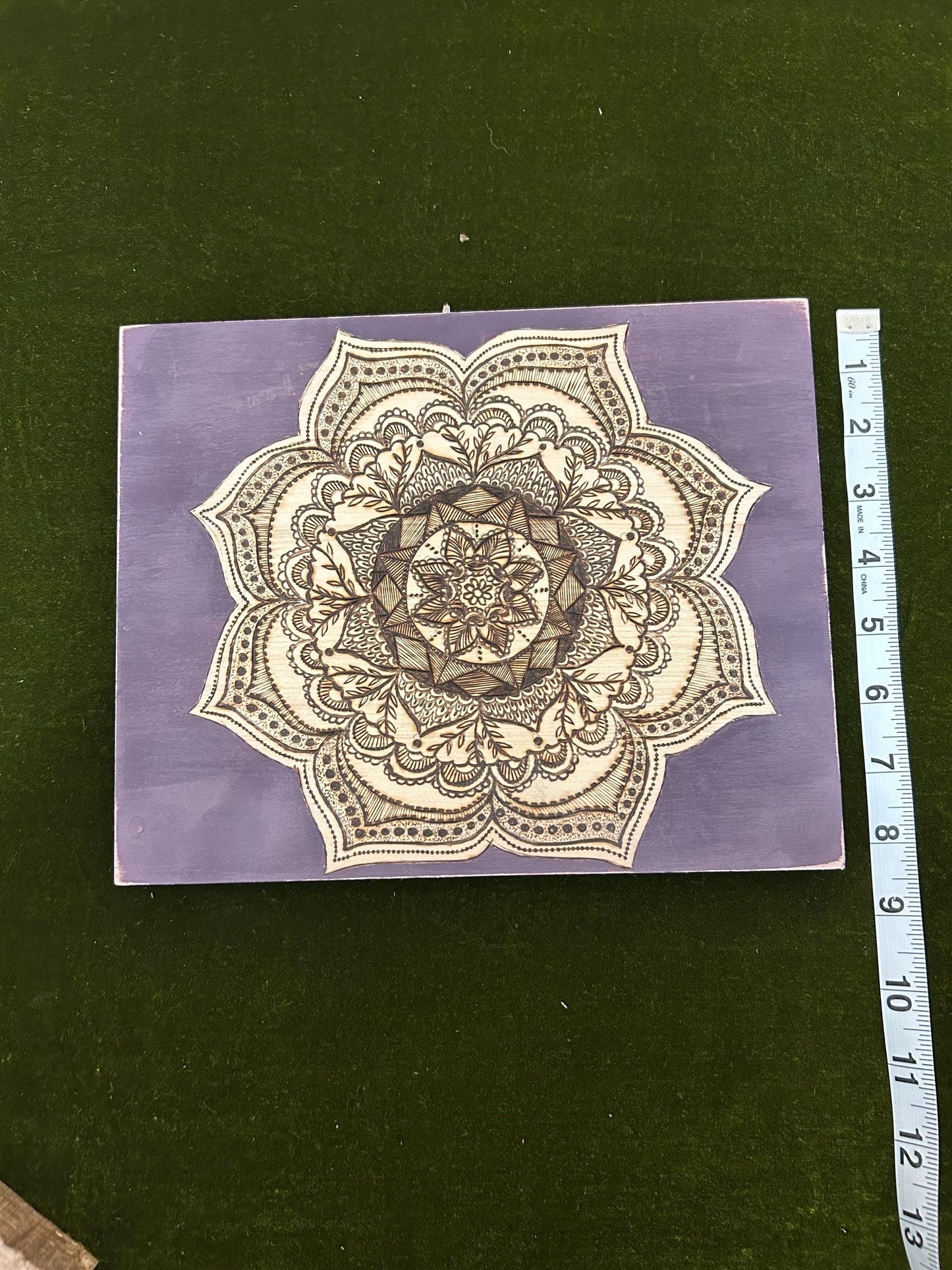 Woodburned Mandala Pyrography Wood Fine Art, intricate hand-drawn mandala, purple distressed, home decor, gifts for her, spiritual, mystical