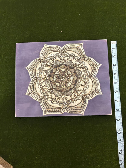 Woodburned Mandala Pyrography Wood Fine Art, intricate hand-drawn mandala, purple distressed, home decor, gifts for her, spiritual, mystical