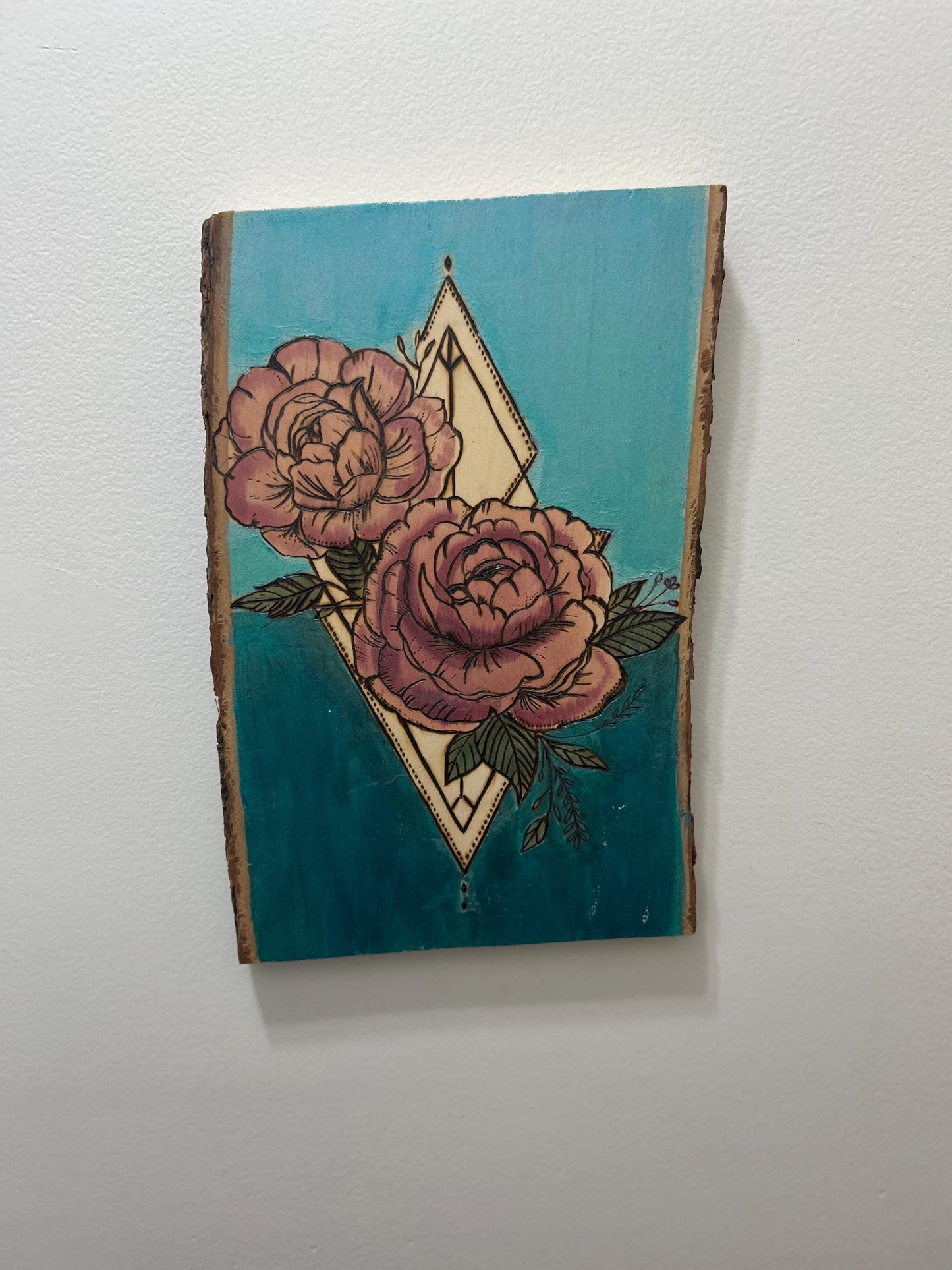 Floral Carnation wood pyrography home decor, hand-painted shimmery blue, details, pink flowers