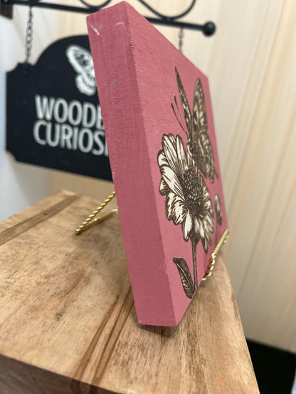 Butterfly and Floral Woodburned Home Decor, Hanging Wall Sign, Butterfly Flower Home Decor, Pink, Gifts for mom, terracotta. gifts for mom