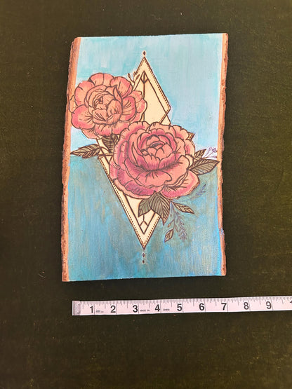 Floral Carnation wood pyrography home decor, hand-painted shimmery blue, details, pink flowers