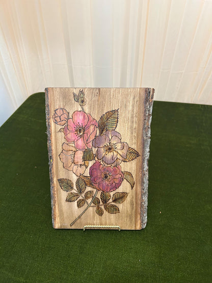 Handmade Pyrography Floral Wall Hanging - Wood Burning Art