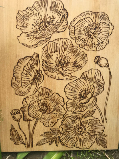 Nature's Symphony: Woodburned Poppy Wall Art | Handcrafted Rustic Floral Decor | Stunning Home & Office Accent | Unique Gift |