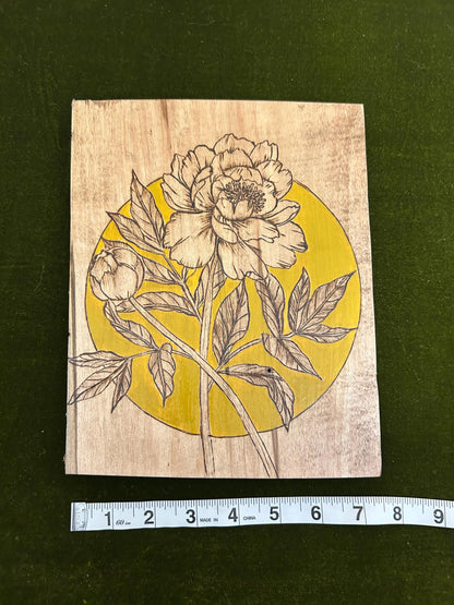 Woodburned Peony Floral Wall Art: Ambrosia Maple Pyrography