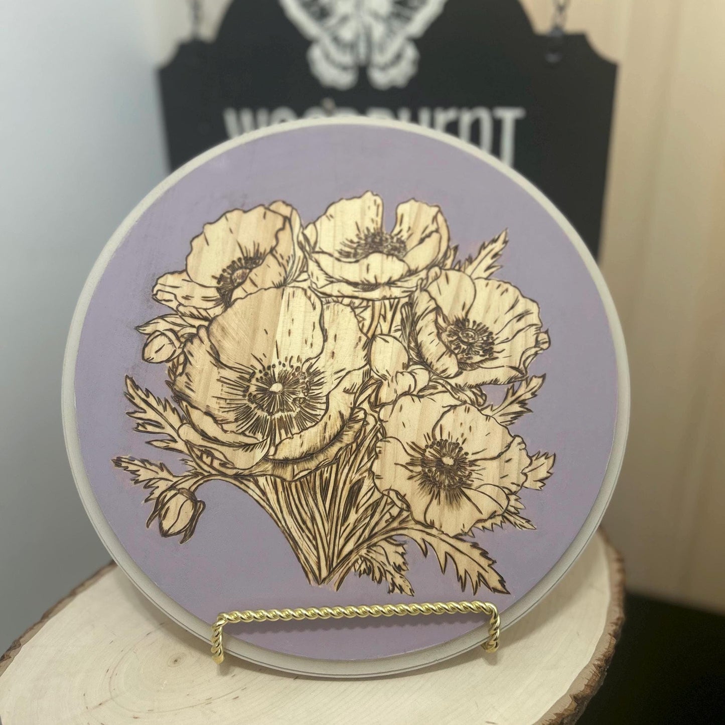 Pyrography art . Woodburned Floral Wall Art - lilac purple Decor - Gifts for Her, poppy Flower Wood Home Decor, Unique Handmade floral gifts