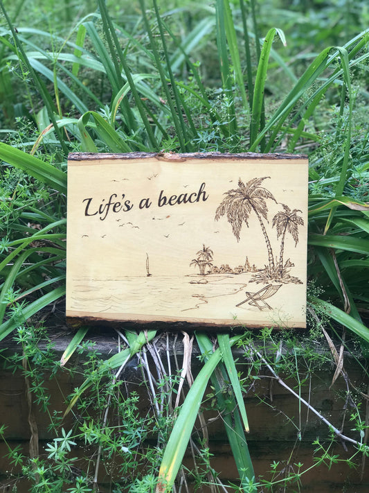 Wood Burn Art, Life's a beach scene, pyrography art